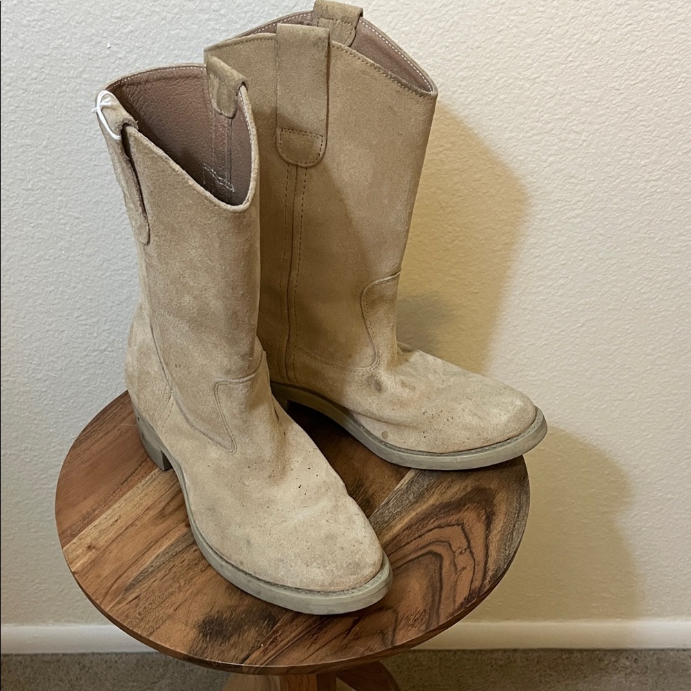 Stepa brand Suede Western Boots in Light Taupe